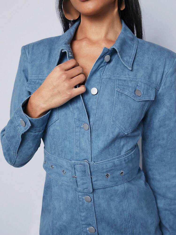 Rhinestone Fringe Heart Button Front Shirt Denim Dress
