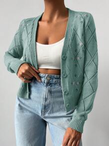 EURMUSE Floral Embroidery Pointelle Knit Cardigan - Mint Green - View 5