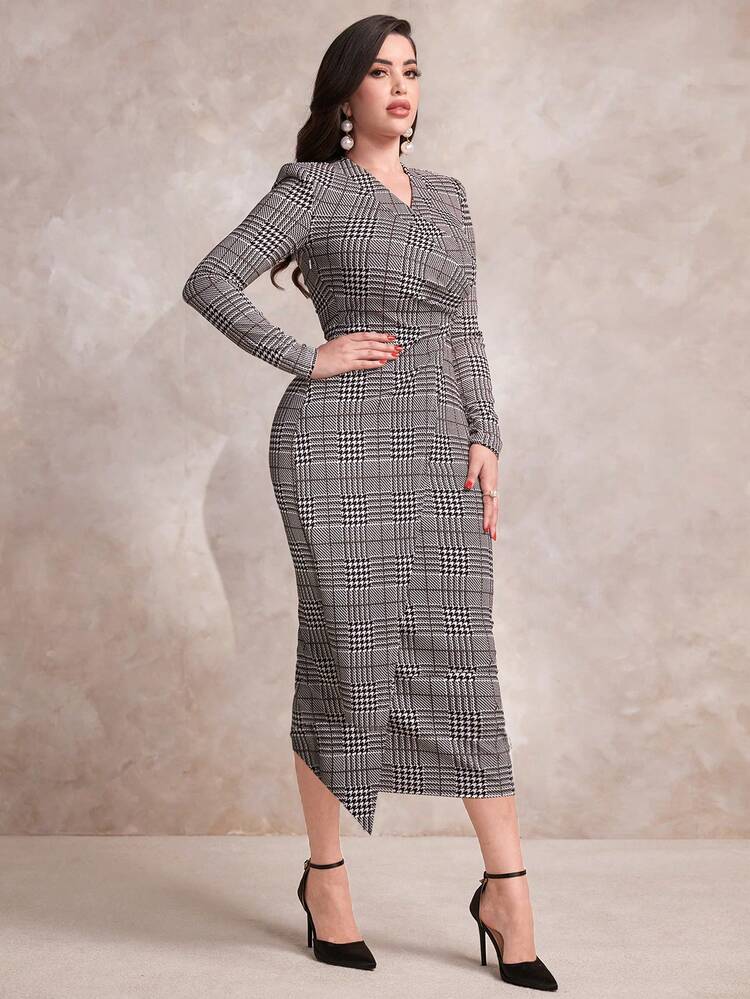 Women's Slim-Fit Houndstooth Dress Long Evening Dresses
