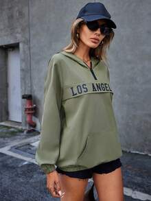 SHEIN Essnce 女士字母印花連帽夾克 - 軍綠色 - 查看 3