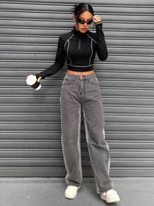 SHEIN Unity 縫合細節拉鍊半拉基底短袖t恤