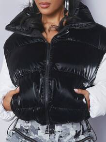 SHEIN Haute Colorblock Zip Up Padded Coat - Black and White - View 5