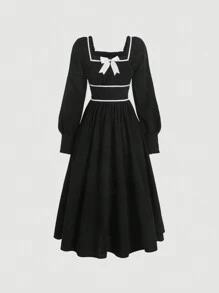 SHEIN MOD 女士灯笼袖蝴蝶结装饰连衣裙 - 黑色 - 查看 1