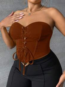 SHEIN SXY Plus Size Women's Front Tie Bandeau Top - Brown - View 4