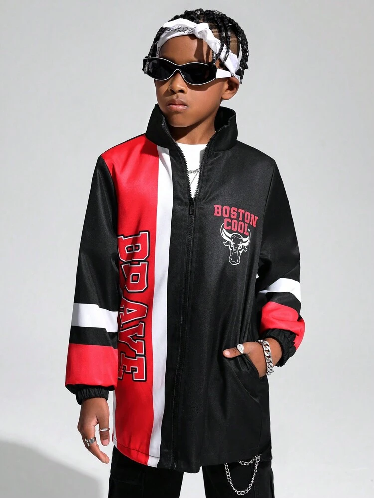 Boys' Casual Thick Jacquard Jacket With Letter Print And Contrast Color Sleeves