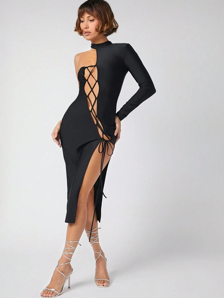 One Shoulder Lace Up Cut Out Split Thigh Sexy Dress