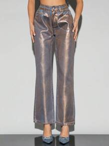 SHEIN BAE 金属色女士宽松直筒牛仔裤，适合西式装扮、圣诞派对、新年夜等场合。 - 金色 - 查看 6