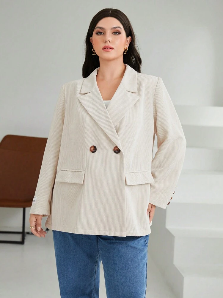 Plus Size Turn-down Collar Double-breasted Coat With Flap Detail