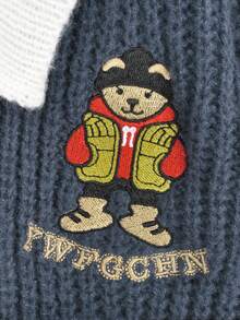 1pc Women's Cute Bear Embroidered Colorblock Polo Collar Sweater, Long Sleeve