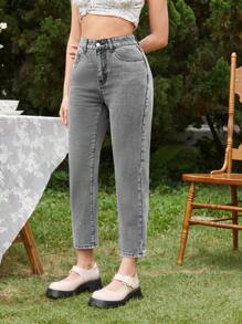 SHEIN PETITE High Waist Washed Tapered Jeans - Grey - View 3