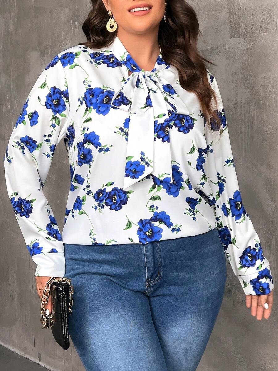 SHEIN Franclia Plus Size Floral Print Blouse With Tie Neck - Multicolor - View 1