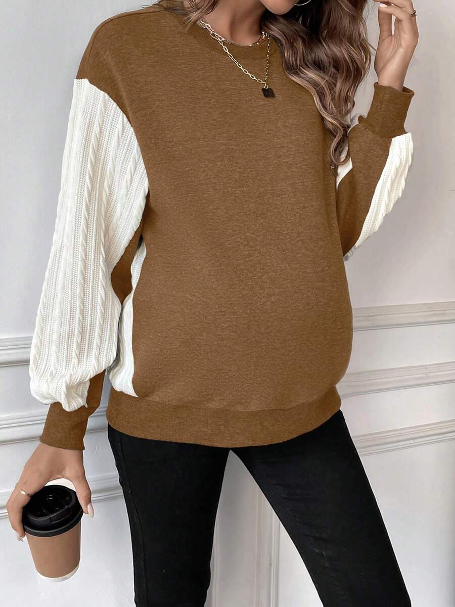 SHEIN Pregnant Women's Color-blocking Drop Shoulder Sweatshirt - Coffee Brown - View 1