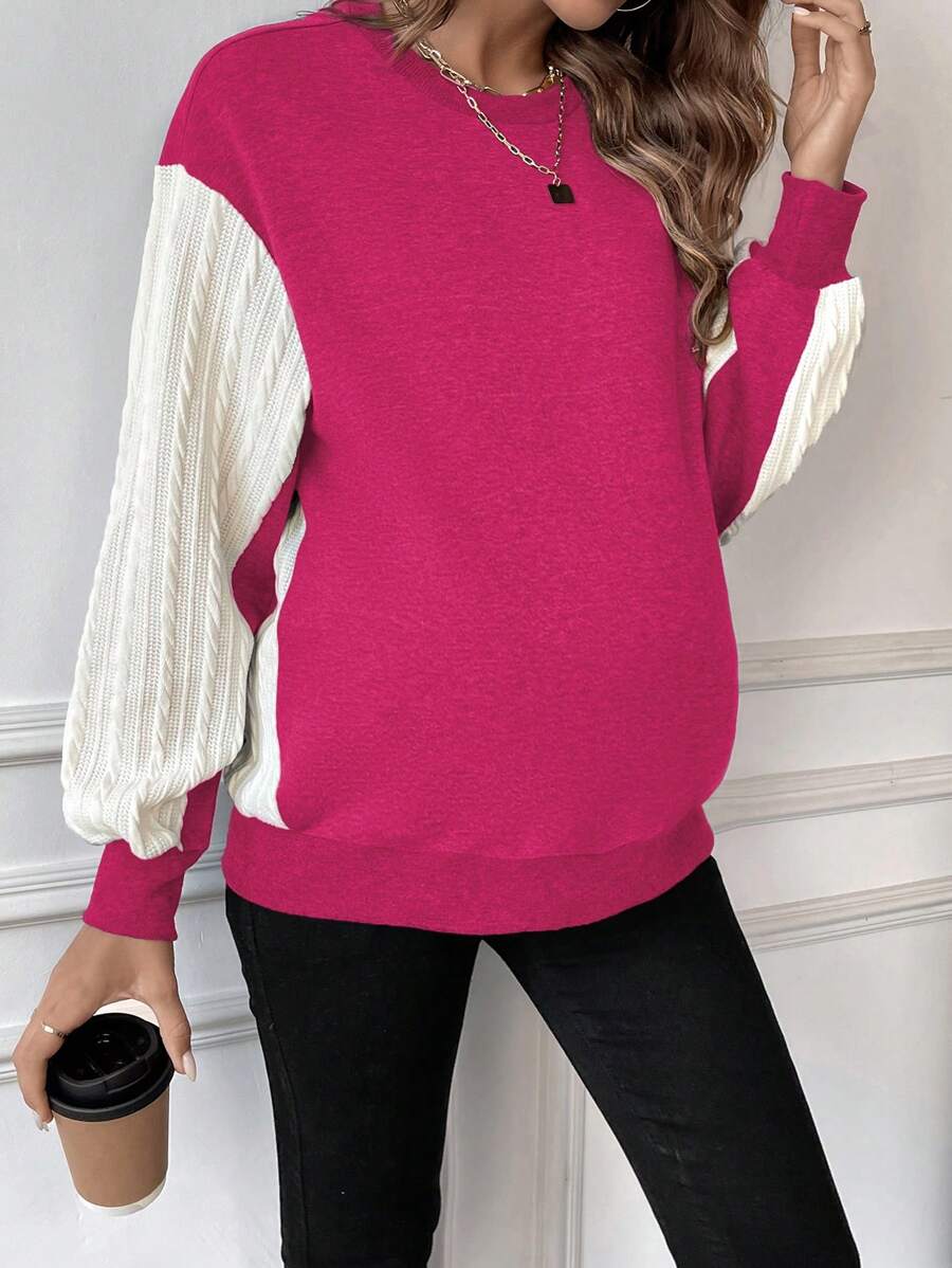 SHEIN Maternity Contrast Cable Knitted Sleeve Round Neck Sweatshirt - Hot Pink - View 1