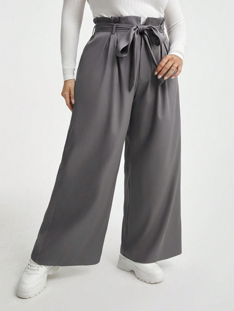 SHEIN Essnce Plus Size Wide Leg Pants With Paper Bag Waist SHEIN