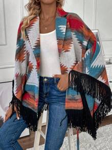 SHEIN LUNE 流蘇細節開襟幾何圖案大衣 - 彩色 - 查看 3