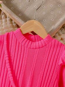 SHEIN Toddler Girls' Ruffle Trim Ribbed Knit Dress With Matching Bag - Hot Pink - View 7