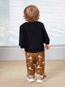 SHEIN Baby Boys' Cartoon Animal Patterned Sweater And Jogger Pants Two Piece Set With Round Neck And Regular Shoulder - Black - View 10