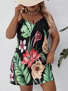 SHEIN VCAY Váy dây mảnh in họa tiết cây nhiệt đới mùa hè Boho cỡ lớn - Nhiều màu - Xem 6