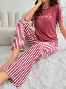 Women's Letter Printed T-shirt And Striped Pants Pajama Set