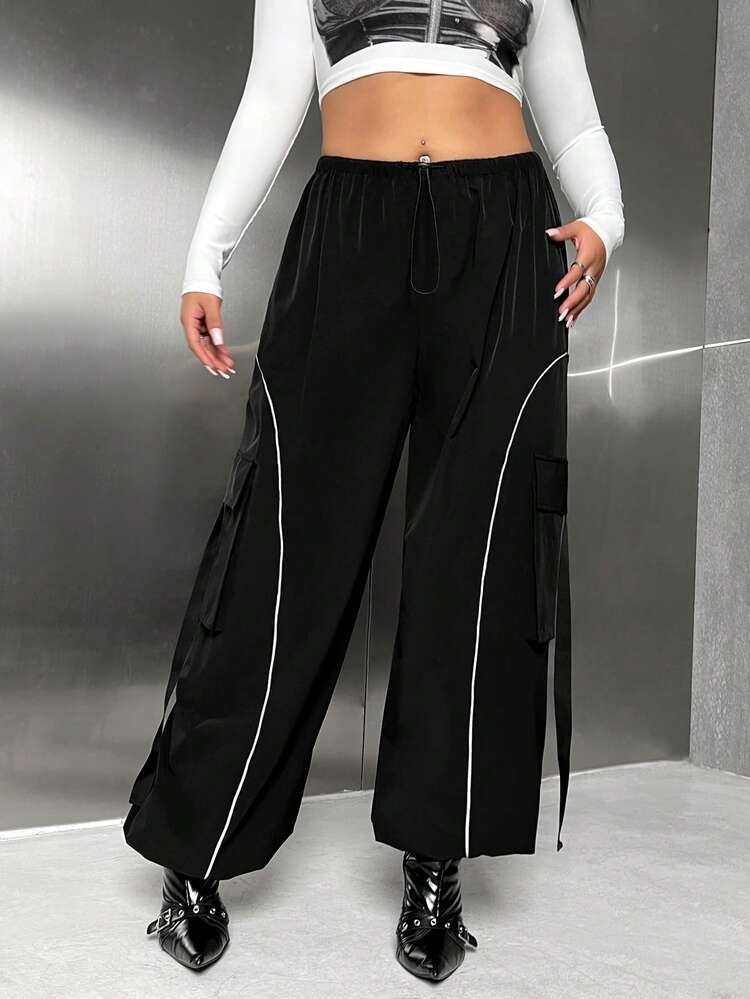 Plus Size Color-Blocking Elastic Waist Reflective Hem Pants
