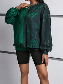 SHEIN EZwear 蝴蝶和文本印花拼色針織休閒運動衫 - 綠色 - 查看 4