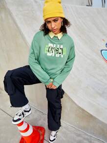 Streetz SHEIN Sport Text Pattern Casual Sweatshirt - Army Green - View 5