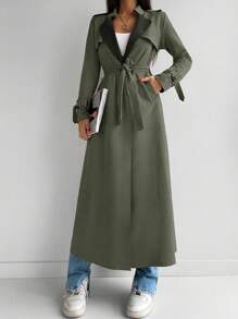 Longline Belted Trench Coat - Green - View 1