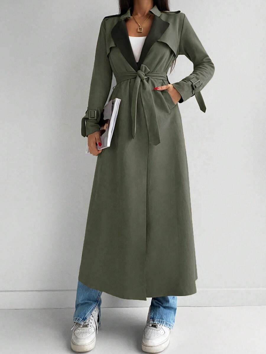 Longline Belted Trench Coat - Green - View 1
