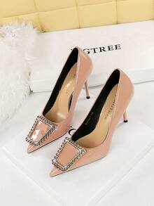 European And American Style Patent Leather High Heels For Women, Pointed Toe With Metal Decor & Large Rhinestone Buckle For Banquet - Apricot - View 3
