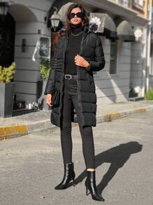 RueChic Zip Up Fuzzy Trim Hooded Puffer Coat - Black - View 6