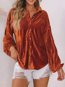 Astylish Solid Velvet Long Sleeve Lapel Button Down Shirts - Rust Brown - View 1