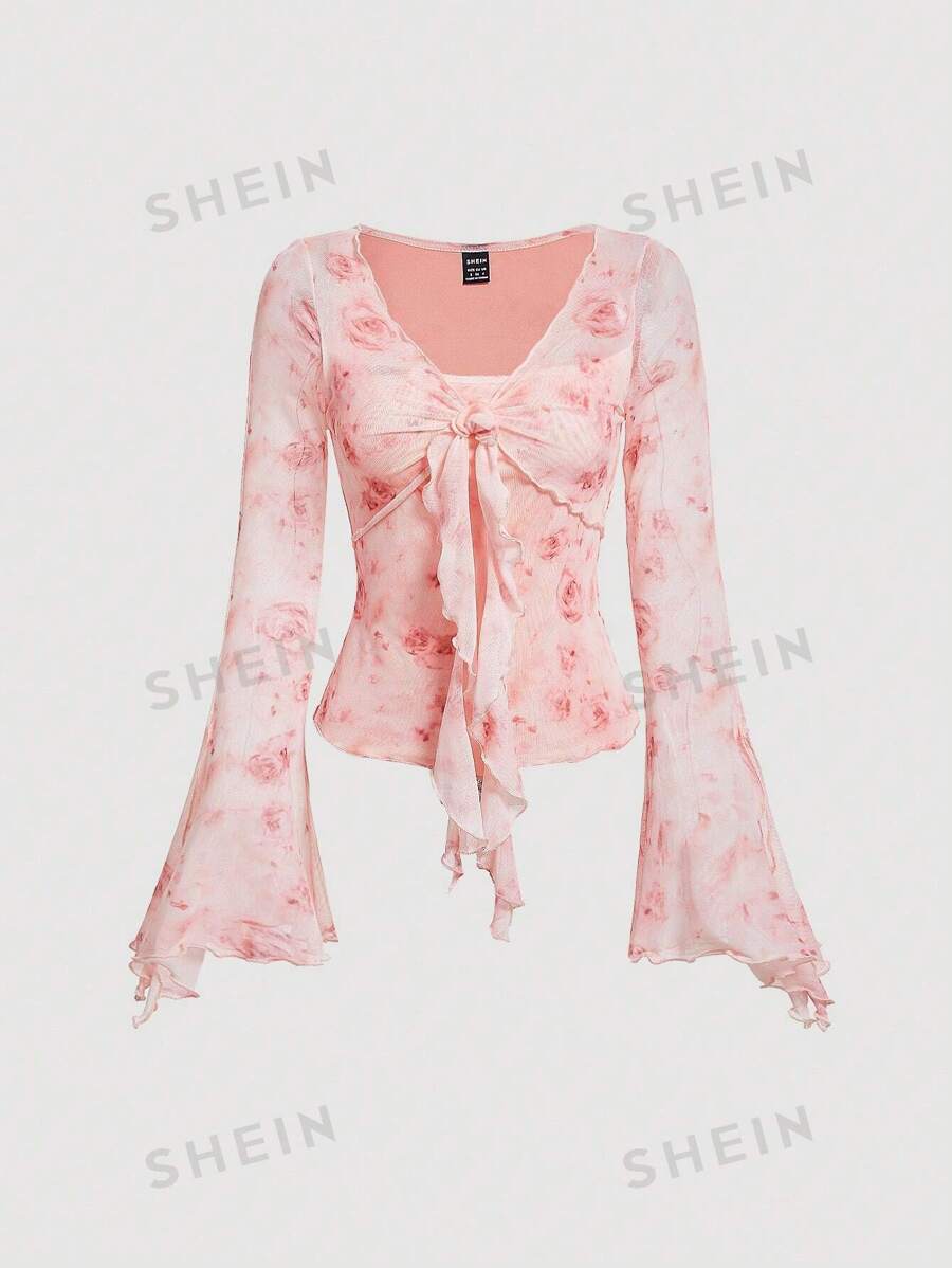 SHEIN MOD Tricou damă cu mânecă clopot cu imprimeu floral, cu cravată în față, transparent