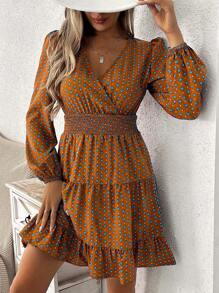 SHEIN LUNE 滿版印花交疊領荷葉邊洋裝 - 彩色 - 查看 3