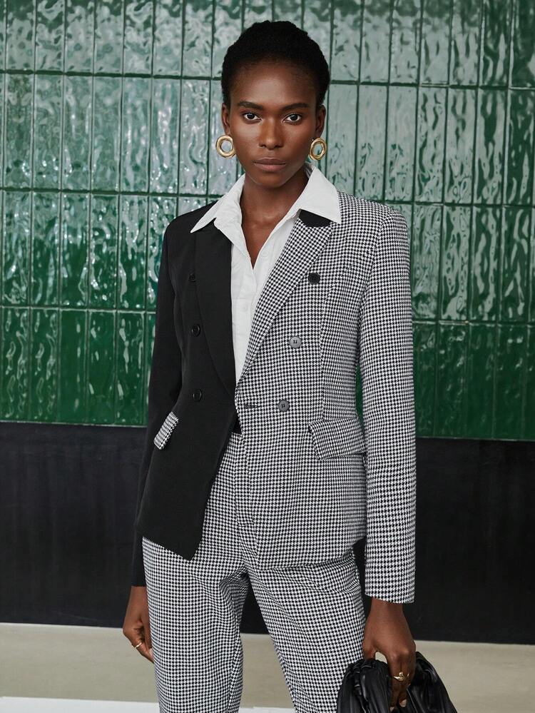 Women's Colorblocked Houndstooth Double Breasted Blazer