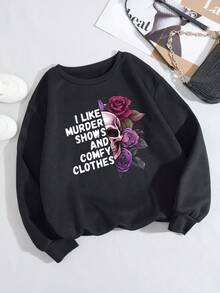 SHEIN EZwear Text And Skull Printed Round Neck Casual Sweatshirt - Black - View 6