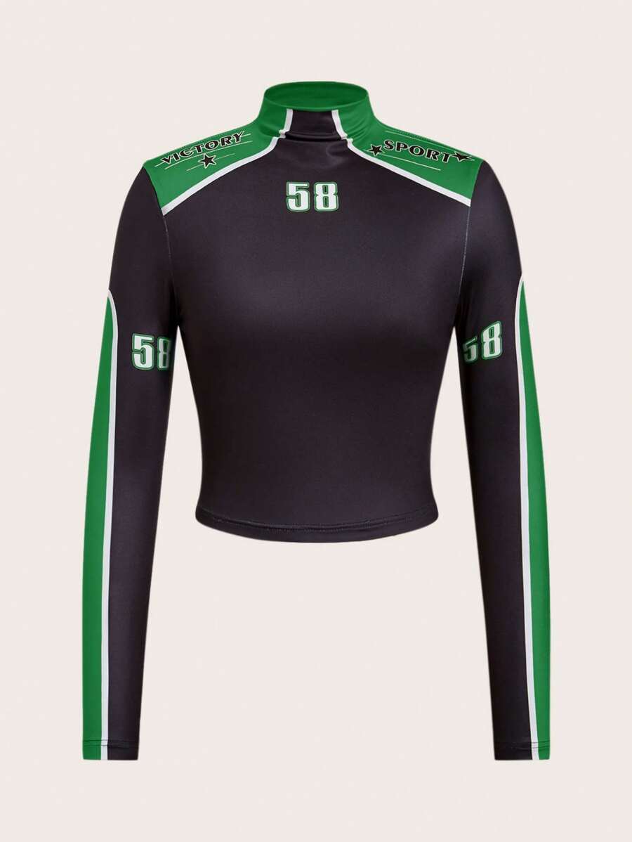 SHEIN Coolane Chặn màu Cổ áo cao Tay áo dài Áo thun Với In - màu xanh lá - Xem 1