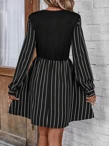 SHEIN LUNE Women's Round Neck Striped Dress - Black and White - View 2