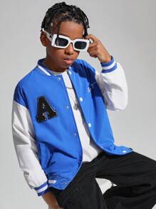 SHEIN Tween Boys' Casual Letter Patch Thermal Lined Baseball Collar Cardigan Thick Warm Woven Jacket - Blue - View 1