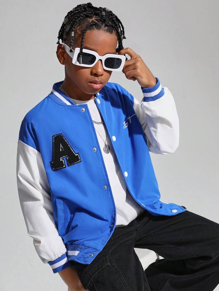 Tween Boys' Casual Letter Patch Thermal Lined Baseball Collar Cardigan Thick Warm Woven Jacket