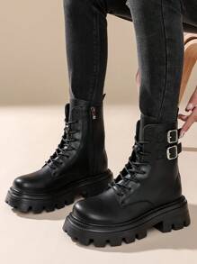 Women Casual Lace-Up Black Boots, Versatile, Lightweight, Comfortable And Convenient For Outdoor Wear