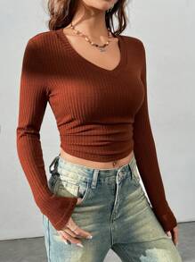 SHEIN EZwear Women's V-neck Long Sleeve Ribbed Knit T-shirt - Brown - View 5