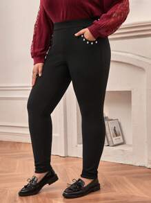 SHEIN Frenchy Plus Size High Waist Rivet Leggings With Pockets And Button Decor - Black - View 4