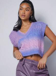 Hauture V Neck Ombre Cable Knit Crop Sweater Vest - Multicolor - View 1