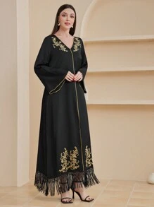 Al Najma 女式金色刺繡傳統長款襯衫,深v領設計