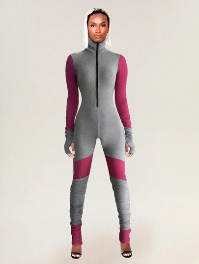 XLLAIS Modny damski body z golfem w kontrastowym kolorze