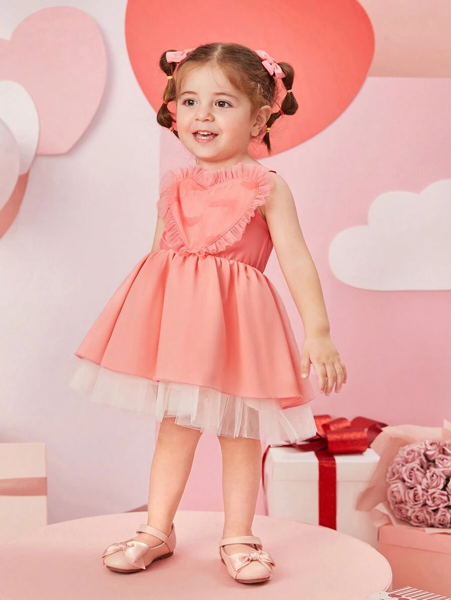 心形褶皺襞蕾絲嬰兒女裝洋裝