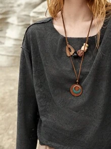 Bohemela Của phụ nữ Màu thuần Cổ thuyền Thả vai Áo thun - màu đen - Xem 5