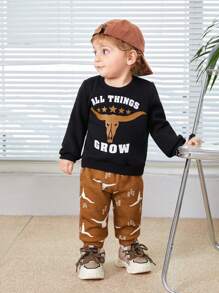 SHEIN Baby Boys' Cartoon Animal Patterned Sweater And Jogger Pants Two Piece Set With Round Neck And Regular Shoulder - Black - View 12