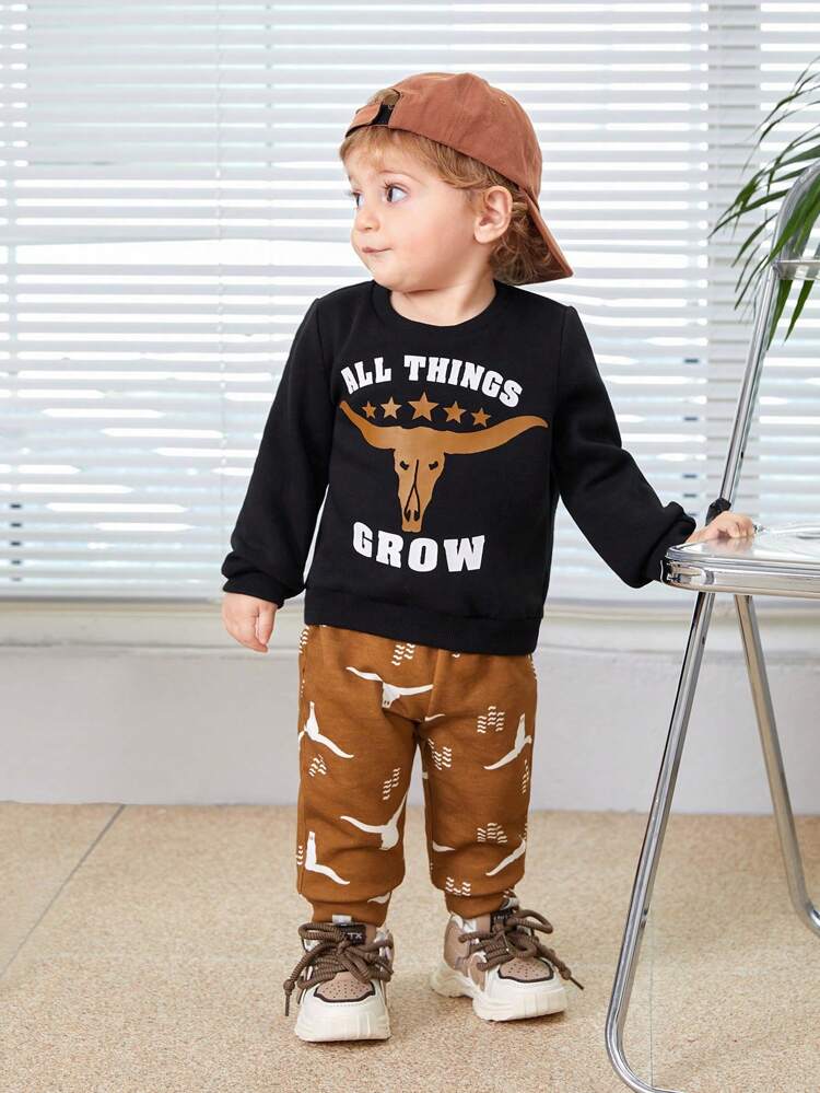 Baby Boys' Cartoon Animal Patterned Sweater And Jogger Pants Two Piece Set With Round Neck And Regular Shoulder