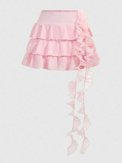 Kawaii Jupe À Ourlet À Volants De Couleur Unie Pour Femmes Avec Fleurs 3d Et Rubans En Cascade